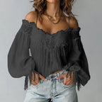 Freya Cropped Cold Shoulder Lace Blouse | Ruffled Lantern Sleeve Blouse