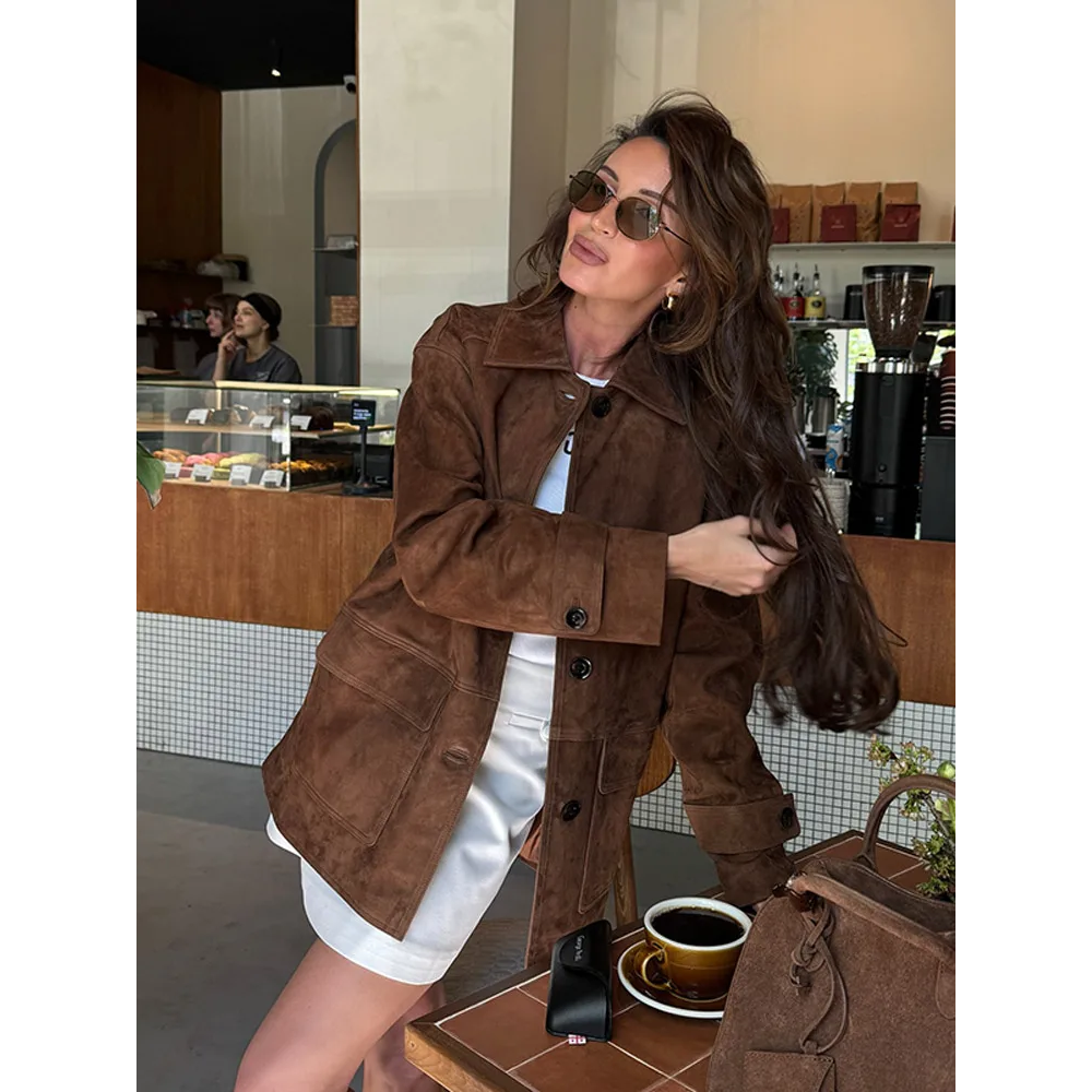 Dark Brown Single-Breasted Suede Jacket
