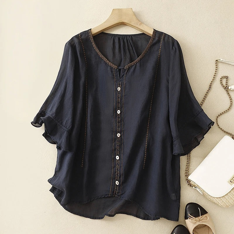 Relaxed Fit Embroidered Ruffle Sleeve Blouse for Women – Stylish Casual Comfort
