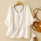 Relaxed Fit Embroidered Ruffle Sleeve Blouse for Women – Stylish Casual Comfort