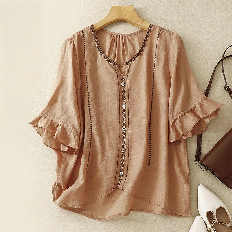 Relaxed Fit Embroidered Ruffle Sleeve Blouse for Women – Stylish Casual Comfort