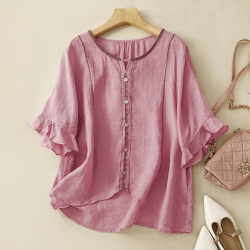 Relaxed Fit Embroidered Ruffle Sleeve Blouse for Women – Stylish Casual Comfort
