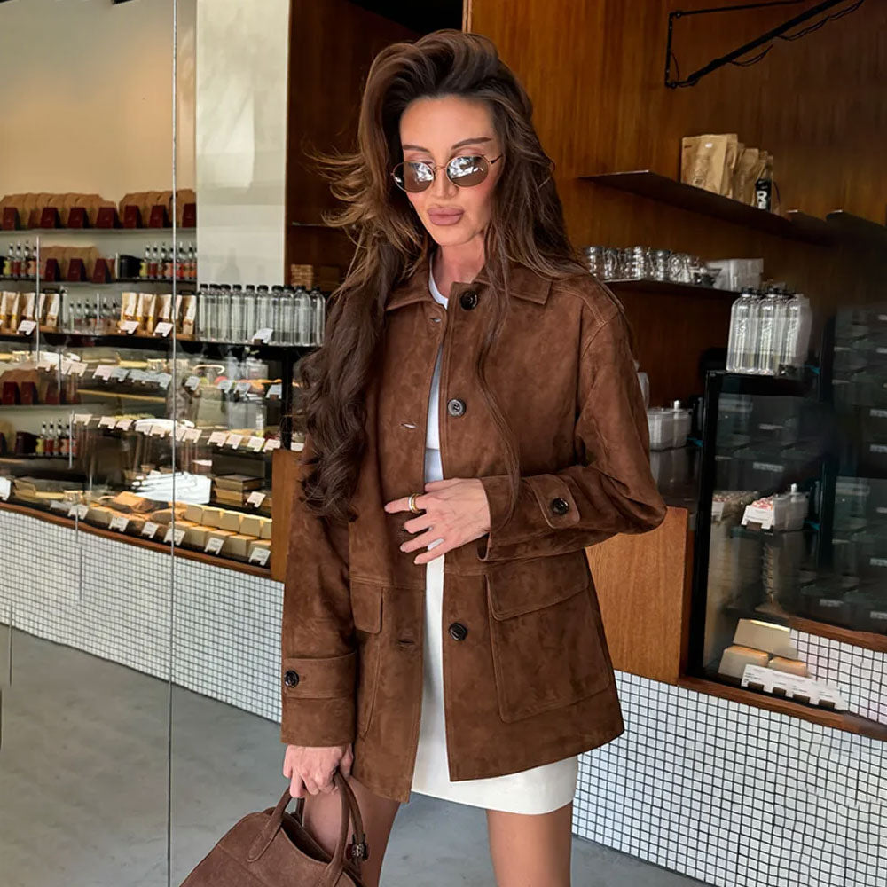 Dark Brown Single-Breasted Suede Jacket