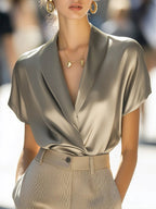 Sophia Loose Fit Draped Blouse | V-Neck Short Sleeve Blouse