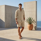 Relaxed Fit Button-Up Shirt and Shorts Set for Men – Casual Comfortable Style