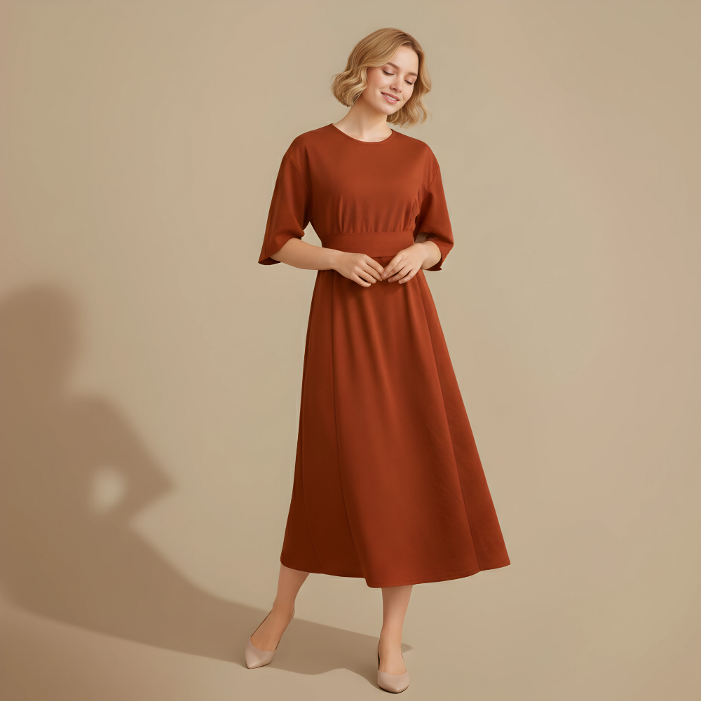 Women’s mid-sleeve dress with waist tie