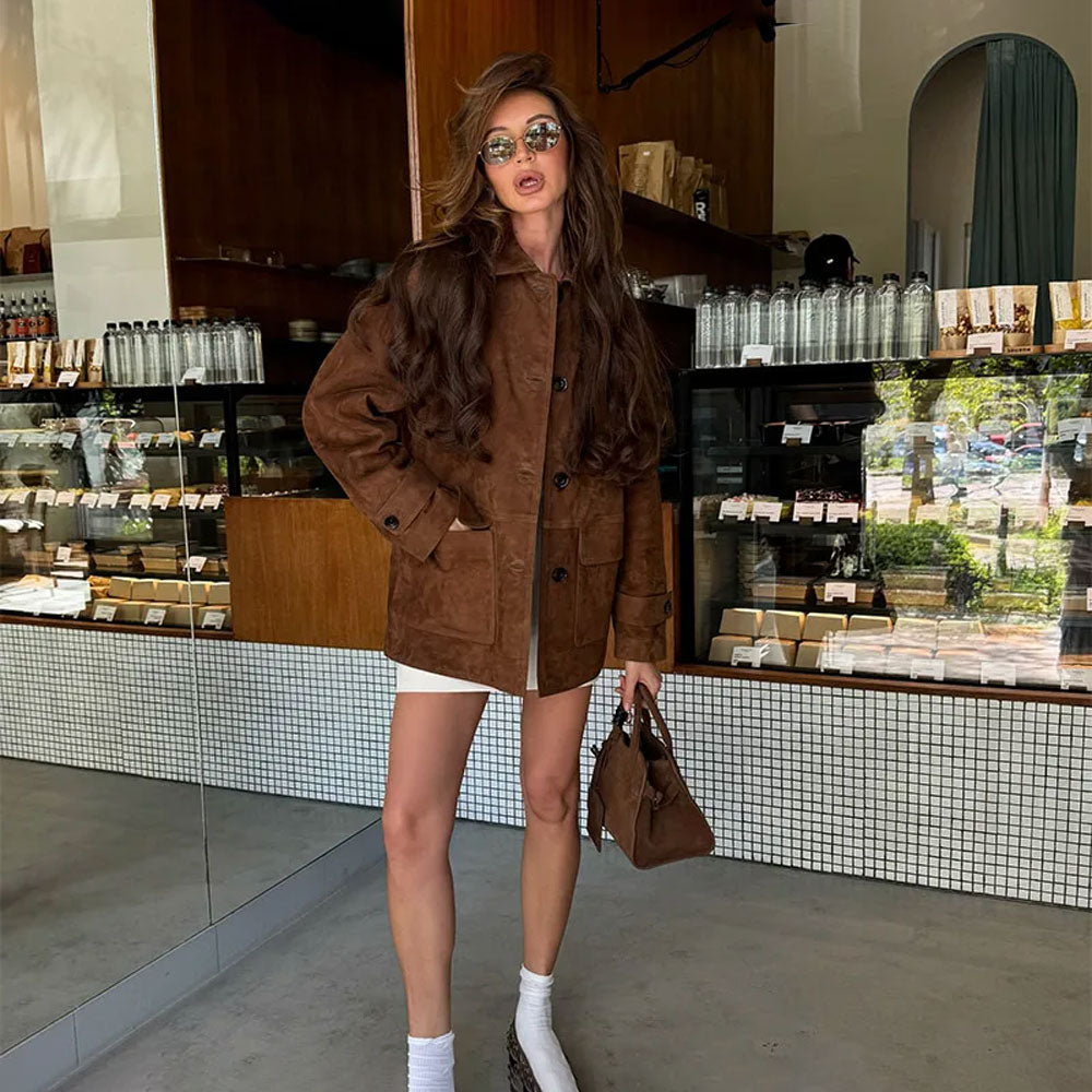 Dark Brown Single-Breasted Suede Jacket