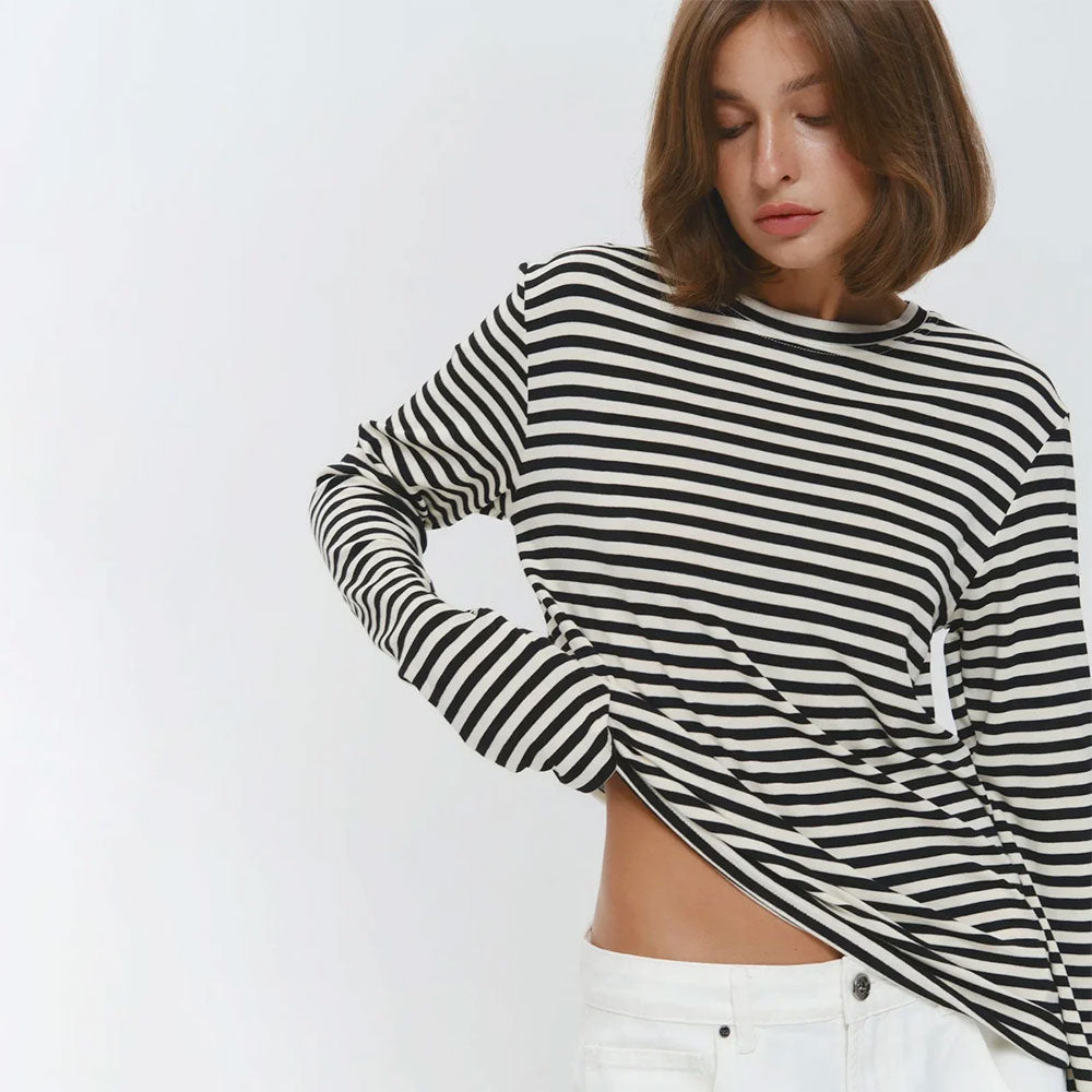 Cotton Striped Round-Neck Long-Sleeve T-Shirt