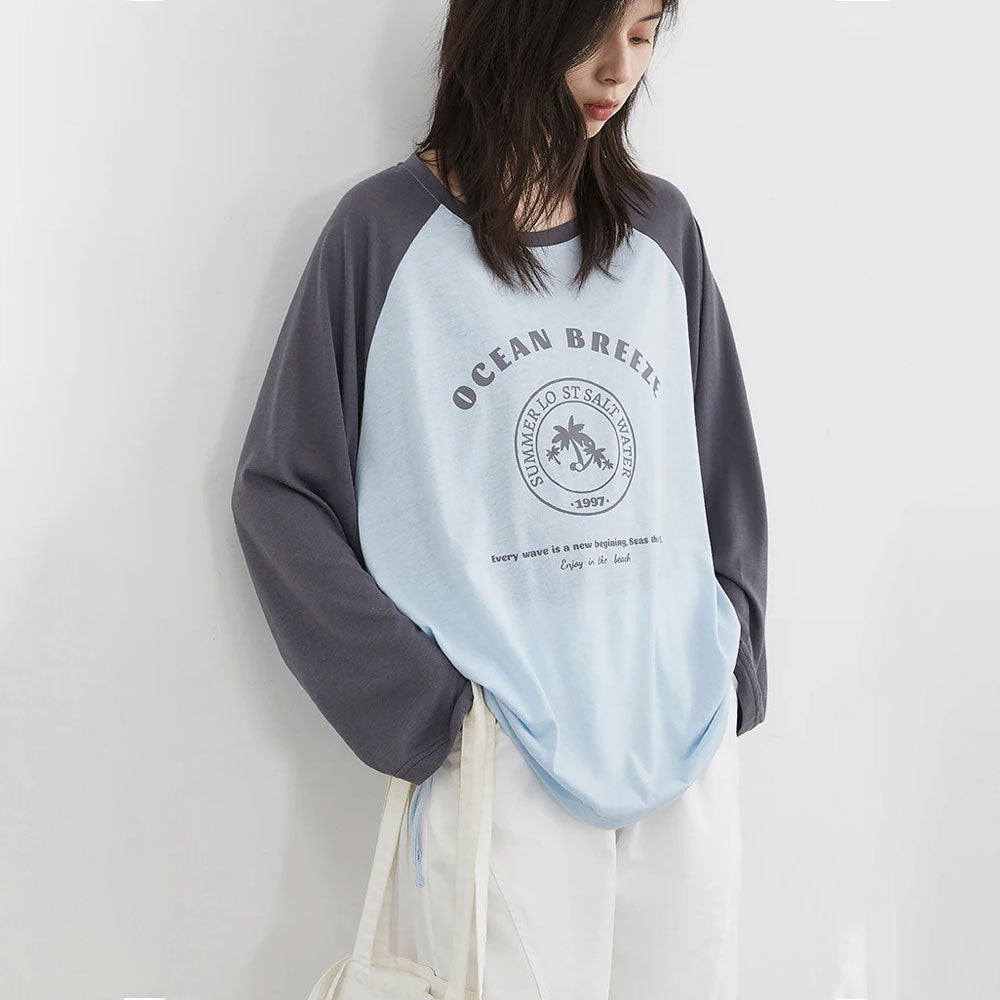 Loose Contrast Letter Print Long-Sleeve T-shirt