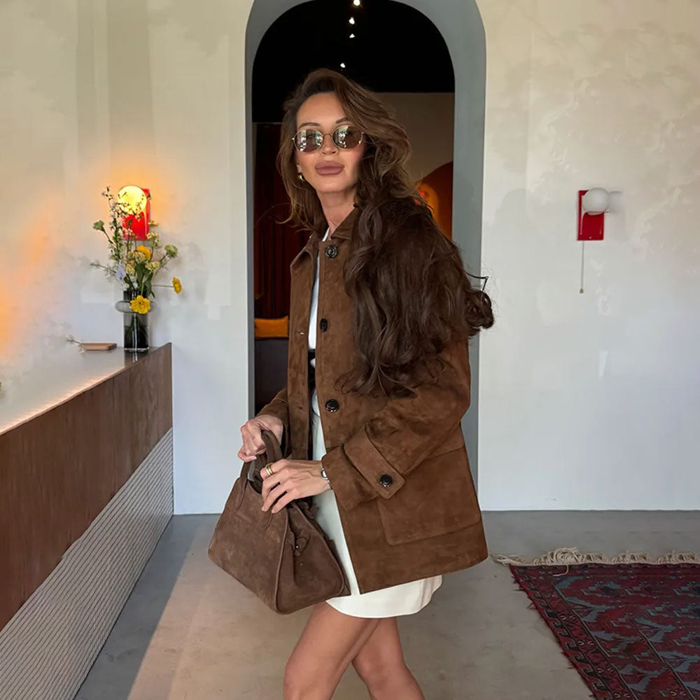 Dark Brown Single-Breasted Suede Jacket