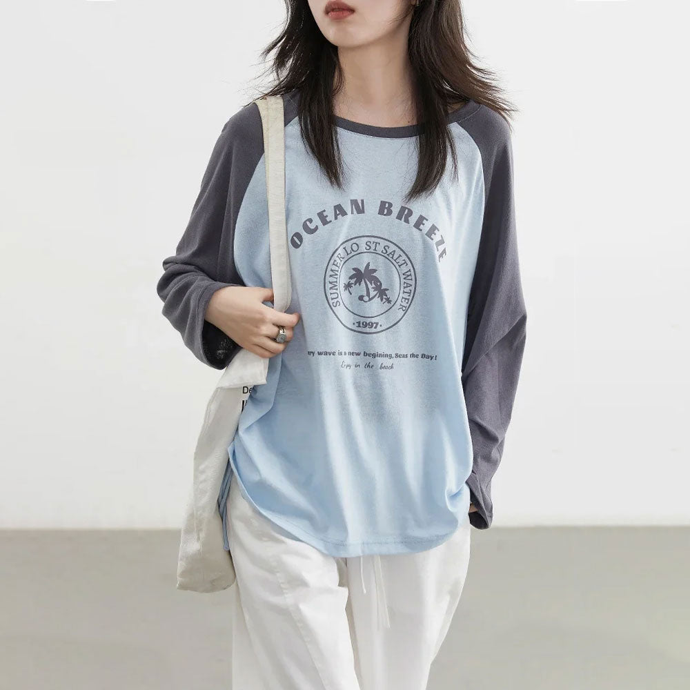 Loose Contrast Letter Print Long-Sleeve T-shirt