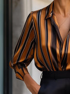 Relaxed Fit Striped Button-Front Collared Blouse for Women – Stylish Workwear Essential