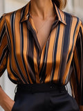 Relaxed Fit Striped Button-Front Collared Blouse for Women – Stylish Workwear Essential
