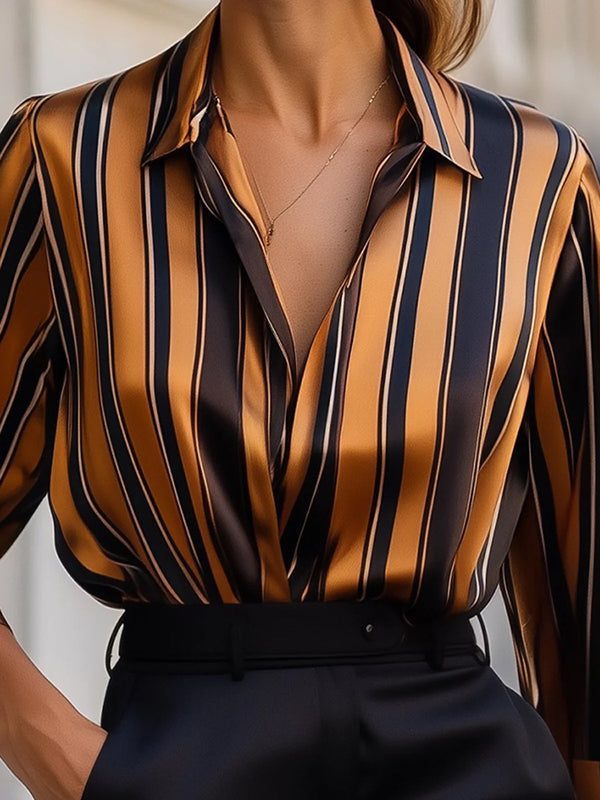 Relaxed Fit Striped Button-Front Collared Blouse for Women – Stylish Workwear Essential