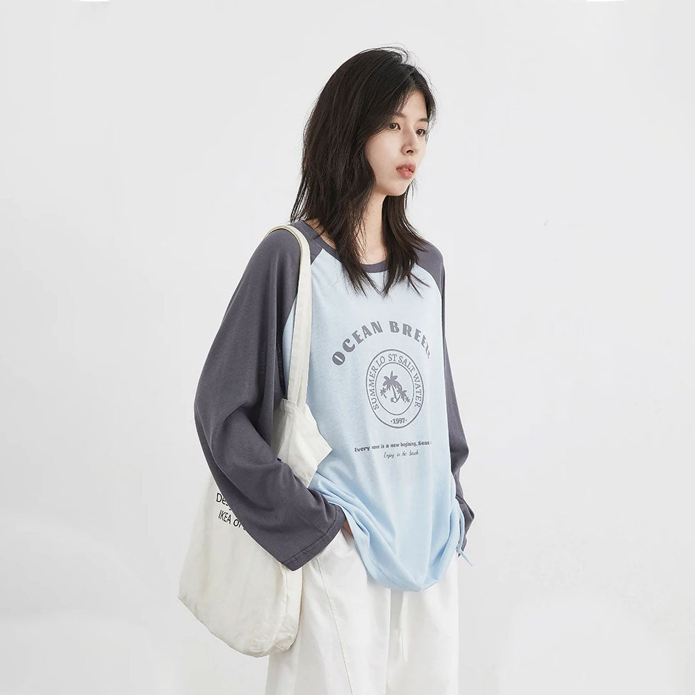 Loose Contrast Letter Print Long-Sleeve T-shirt