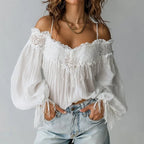 Freya Cropped Cold Shoulder Lace Blouse | Ruffled Lantern Sleeve Blouse