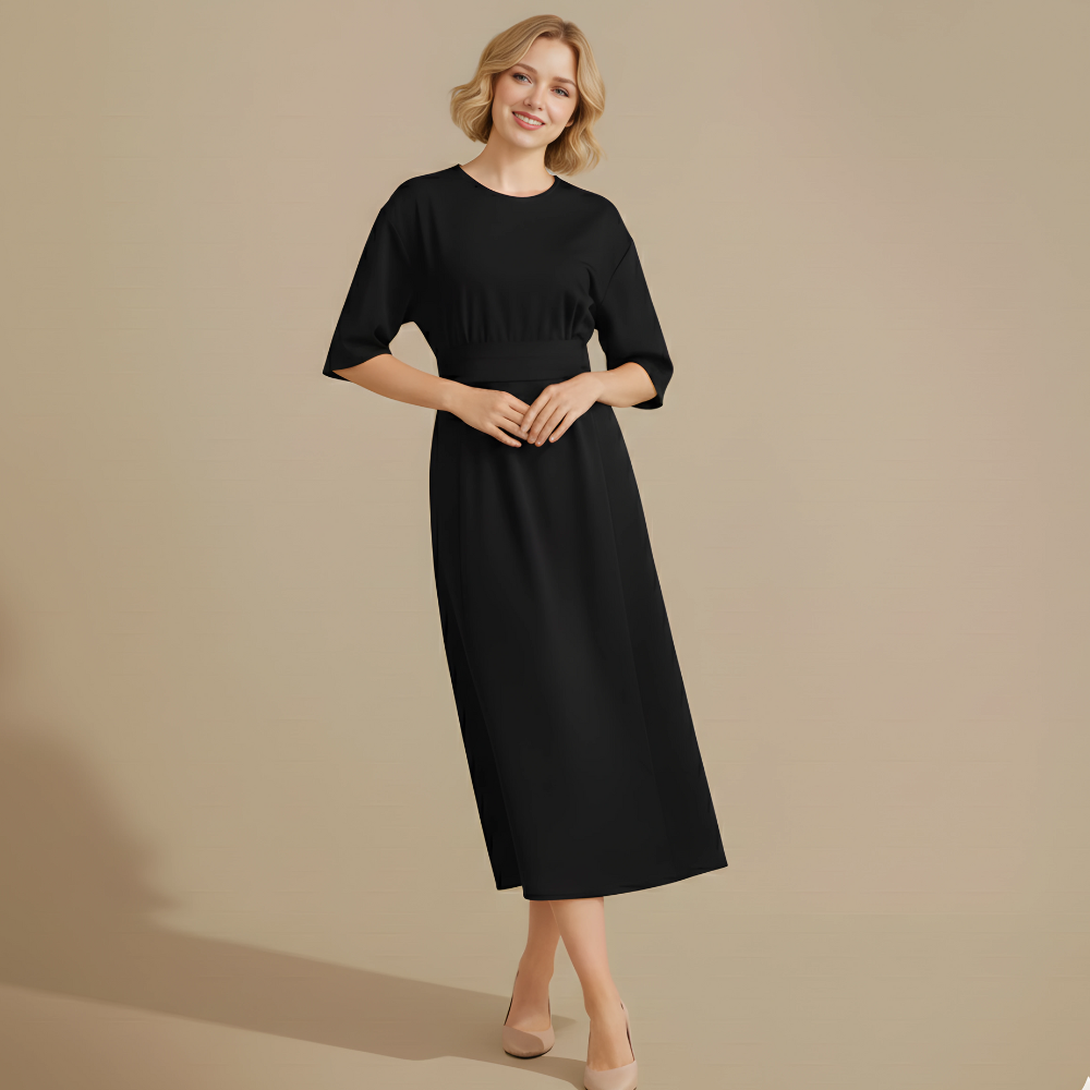 Women’s mid-sleeve dress with waist tie