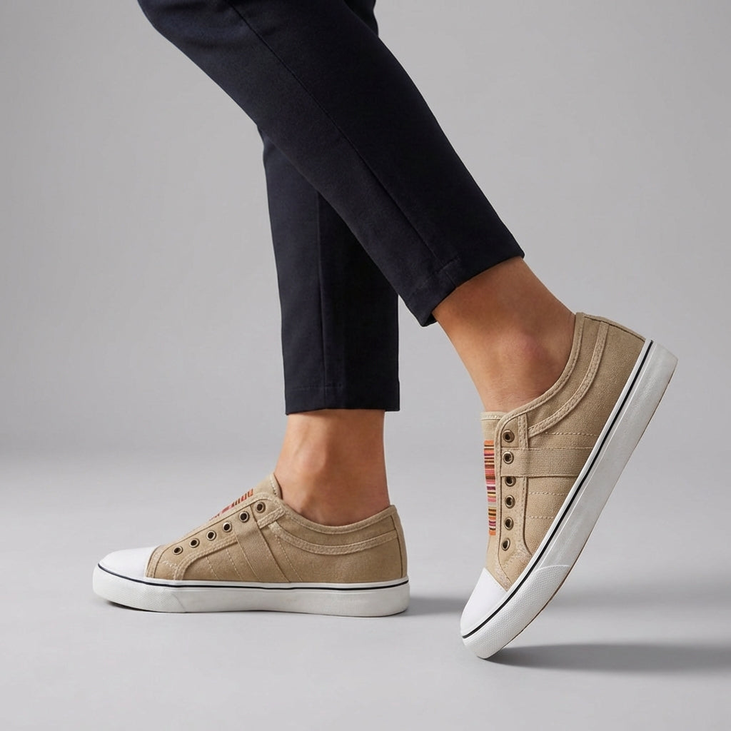 Isabella Striped Slip-On Sneakers | Elastic Vamp Round Toe Sneakers