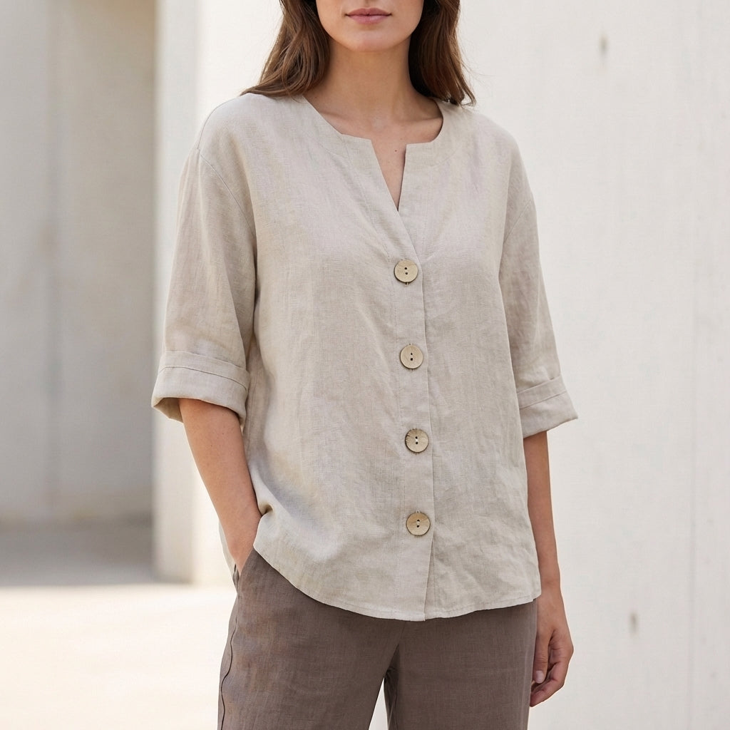 Relaxed Fit V-Neck Button-Up Shirt for Women – Stylish Casual Comfort