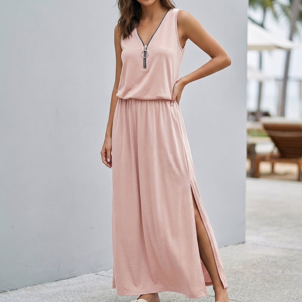 Relaxed Fit Sleeveless V-Neck Maxi Dress for Women – Stylish & Comfortable Design
