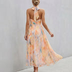 Pleated Belted A-Line Halter Neck Maxi Dress for Women – Elegant & Flattering Design