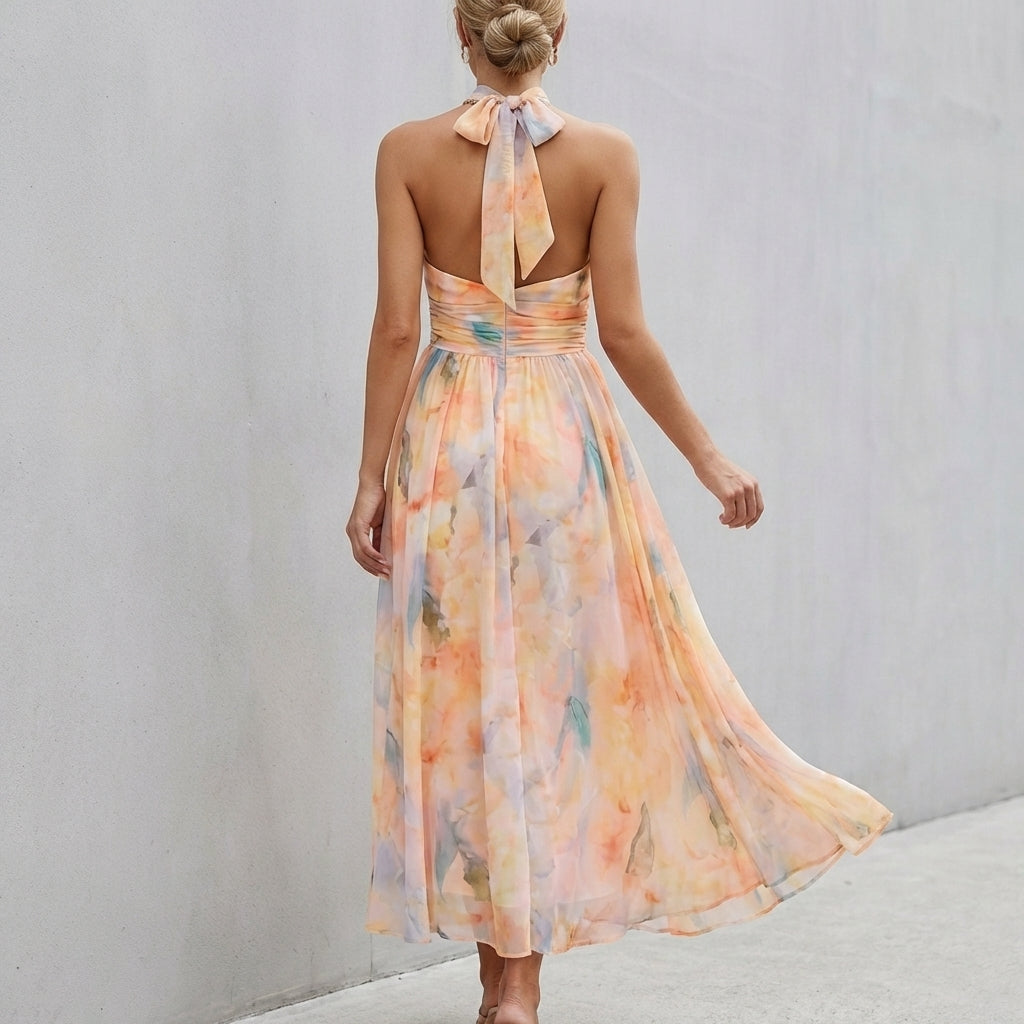 Pleated Belted A-Line Halter Neck Maxi Dress for Women – Elegant & Flattering Design