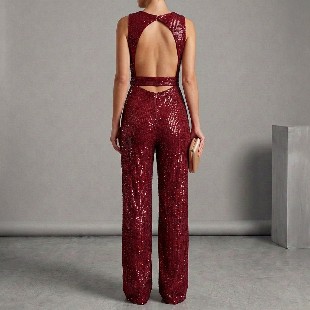 Sequined Belted Wide-Leg Jumpsuit for Women – Elegant Party Style