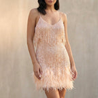 Sequined Fringed Feather Trim Slim Fit Mini Dress for Women – Elegant Party Style