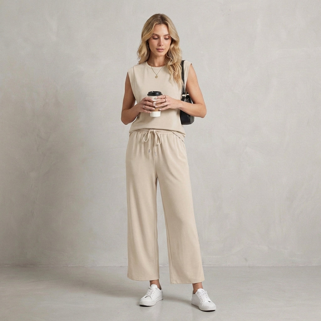 Relaxed Fit Muscle Tank and Wide-Leg Cropped Trousers Set for Women – Comfortable Casual Style