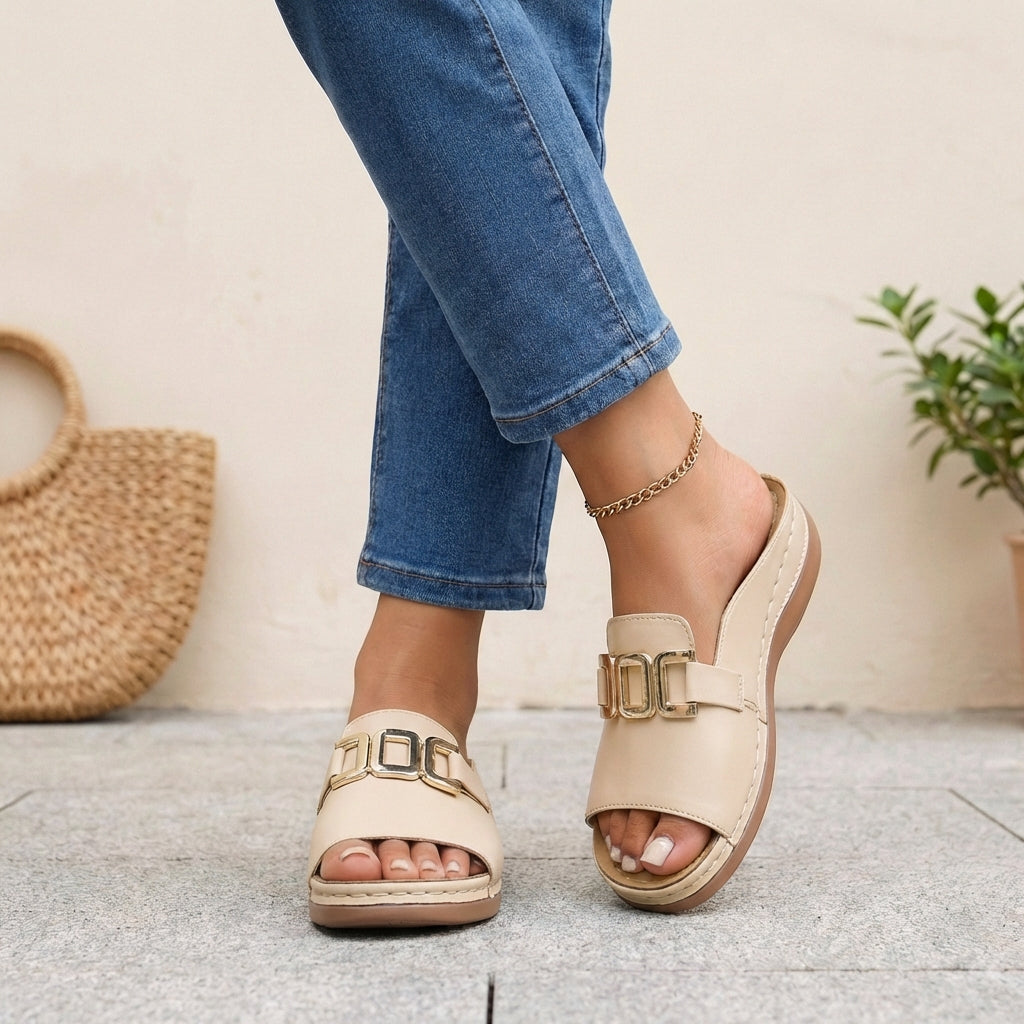 Ada Orthopedic Slide Sandals | Buckle Detail Contrast Stitching Slide Sandals