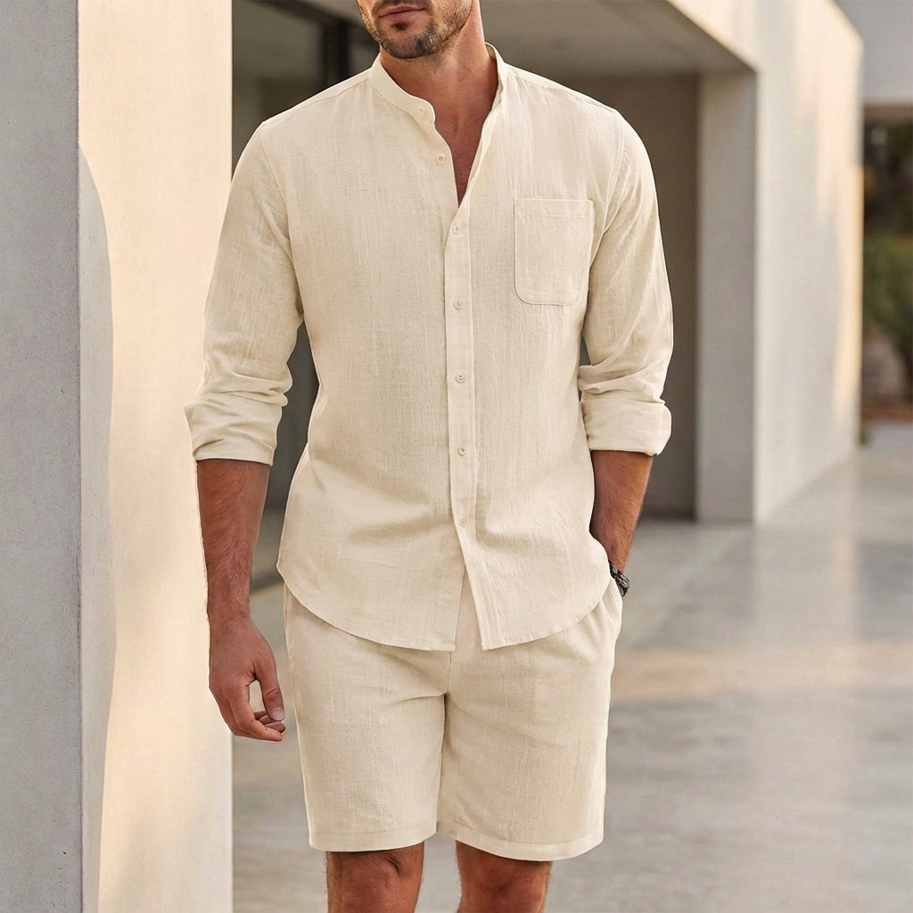 Relaxed Fit Button-Up Shirt and Shorts Set for Men – Casual Comfortable Style