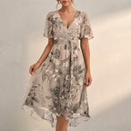 Floral Tie-Waist A-Line Wrap Dress for Women – Elegant Semi-Formal Style