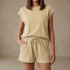 Sienna Loose Fit Cap Sleeve T-Shirt And Relaxed Fit Drawstring Shorts Two-Piece Set | Solid Casual Set