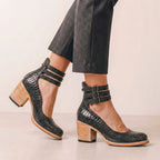 Distressed Leather Cut-Out Block Heel Ankle Strap Heels for Women – Stylish & Comfortable Design