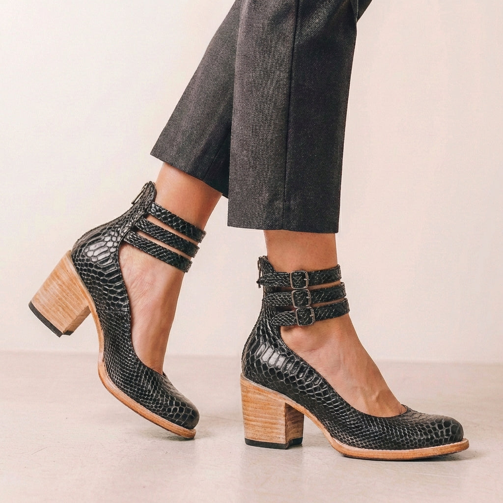 Distressed Leather Cut-Out Block Heel Ankle Strap Heels for Women – Stylish & Comfortable Design