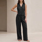 Fitted V-Neck Vest and Wide-Leg Pleated Trousers Set for Women – Stylish & Comfortable Smart Casual