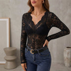 Sophia Fitted Lace Top | Sheer Scalloped Trim Top
