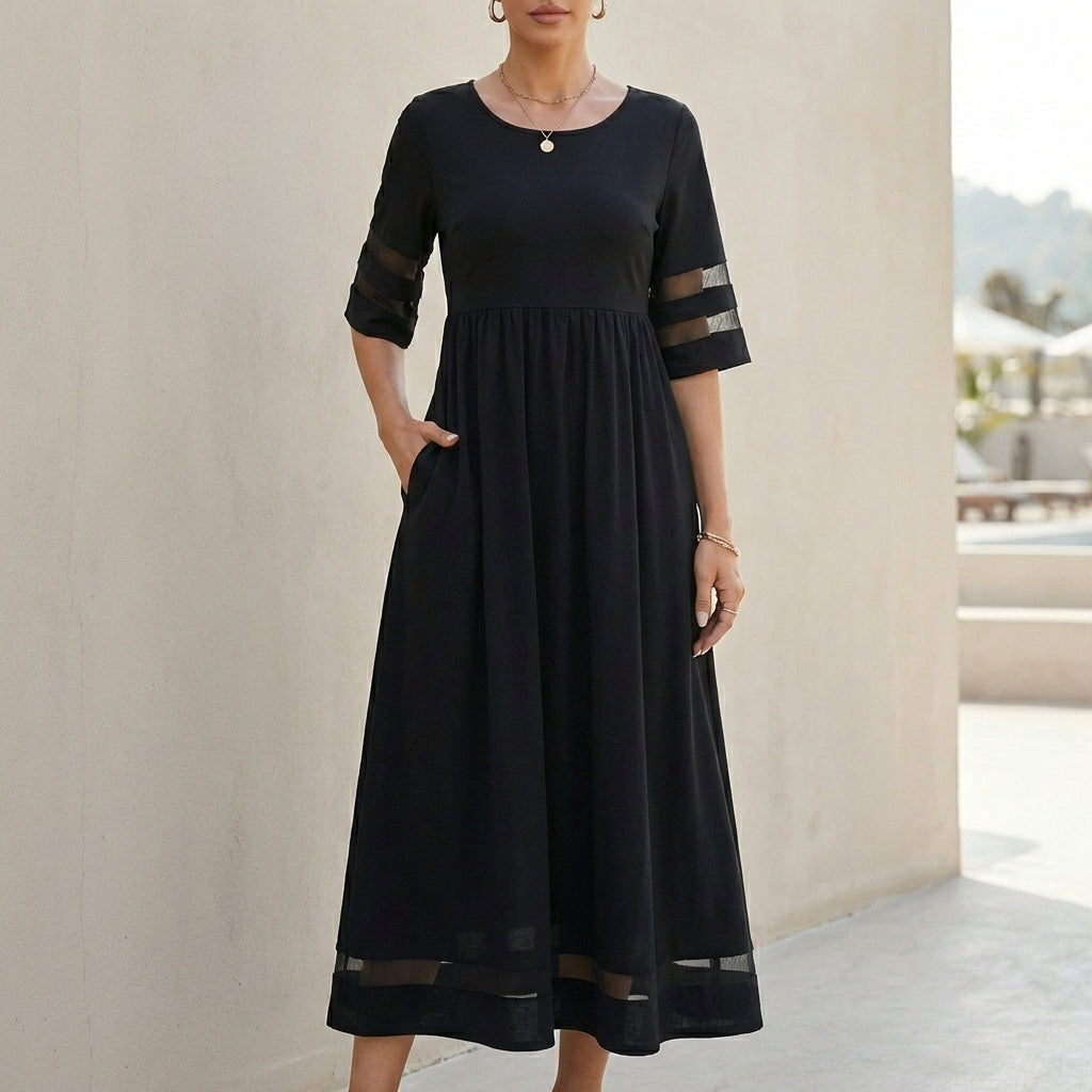 A-Line Maxi Dress with Mesh Panels and Pockets for Women – Stylish Comfortable Design