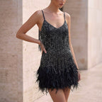 Sienna Fitted Mini Dress | Fringed Feather Trim Dress
