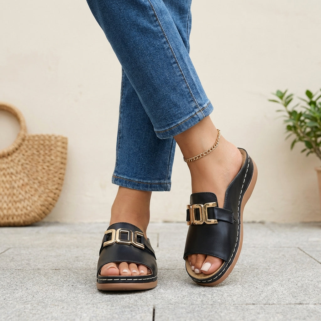 Ada Orthopedic Slide Sandals | Buckle Detail Contrast Stitching Slide Sandals