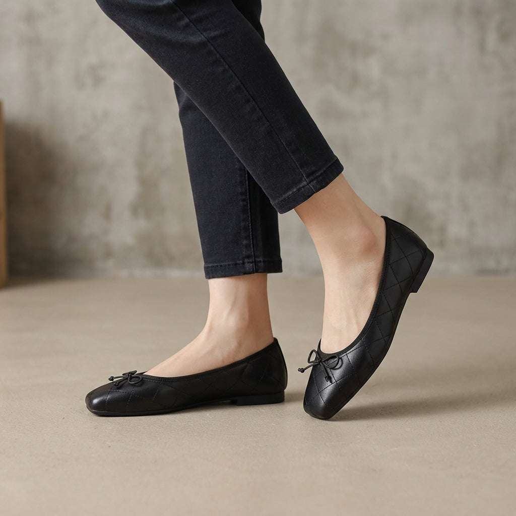 Ivy Quilted Square Toe Bow Detail Ballet Flats | Slip-On Ballet Flats