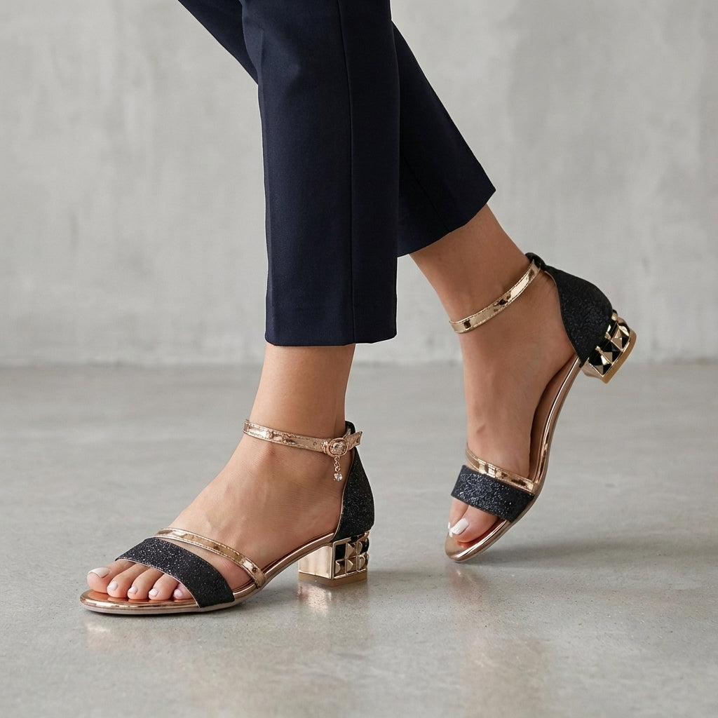 Orthopedic Metallic Block Heel Ankle Strap Heeled Sandals for Women – Comfortable Support & Style