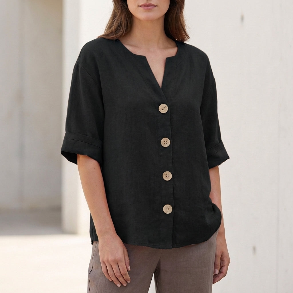 Relaxed Fit V-Neck Button-Up Shirt for Women – Stylish Casual Comfort