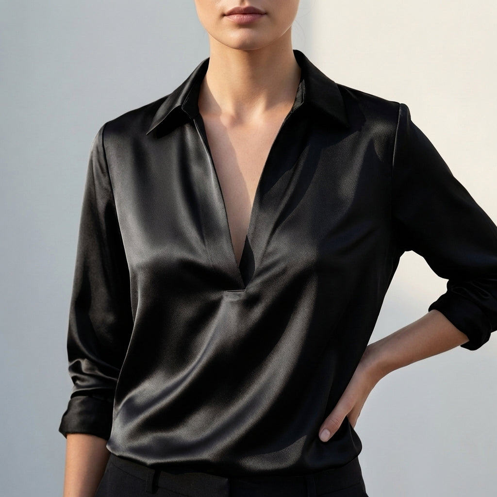 Draped Relaxed Fit Collared V-Neck Blouse for Women – Elegant Comfortable Design