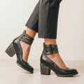 Distressed Leather Cut-Out Block Heel Ankle Strap Heels for Women – Stylish & Comfortable Design