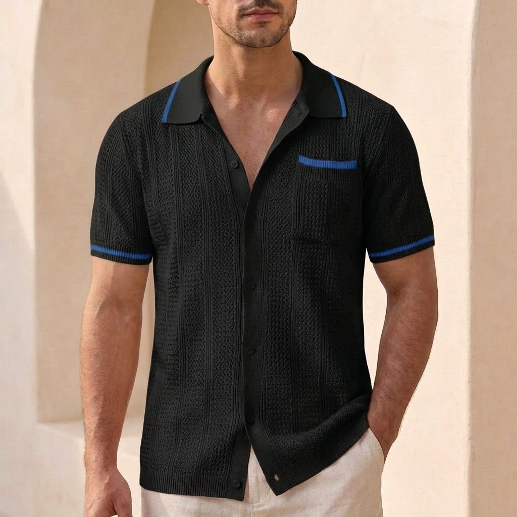 Relaxed Fit Striped Knit Polo Shirt for Men – Stylish Casual Comfort