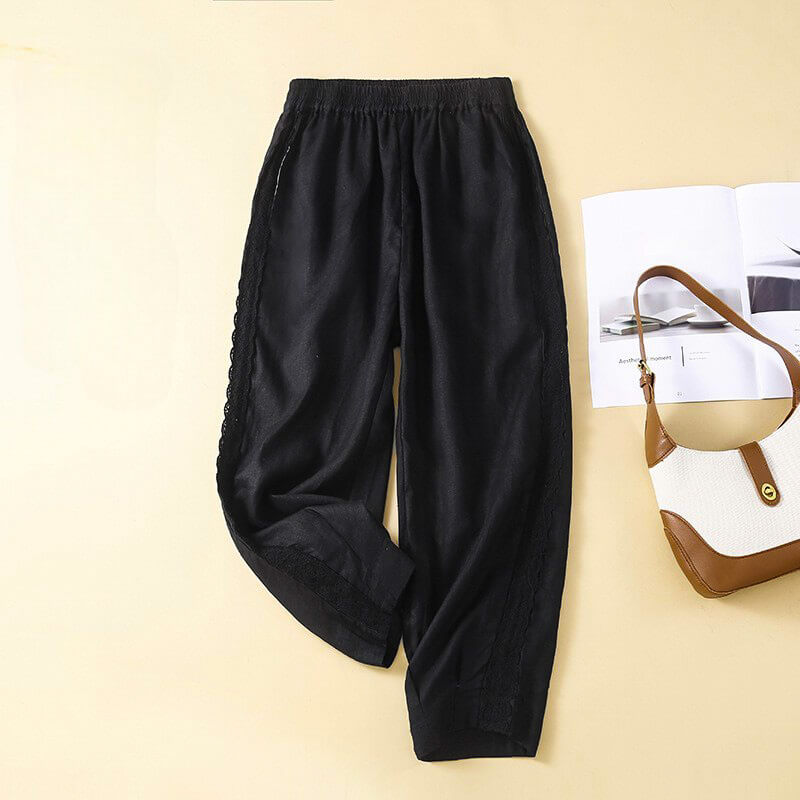 Relaxed Fit Lace Trim Ankle-Length Tapered Pants for Women – Comfortable Casual Style