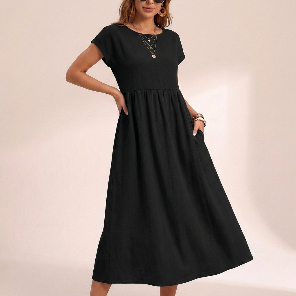 Isla Relaxed Fit Midi Dress | Side Pockets Gathered Waist Dress