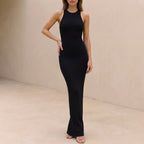 Ribbed Bodycon High Neck Sleeveless Maxi Dress for Women – Elegant Evening Wear