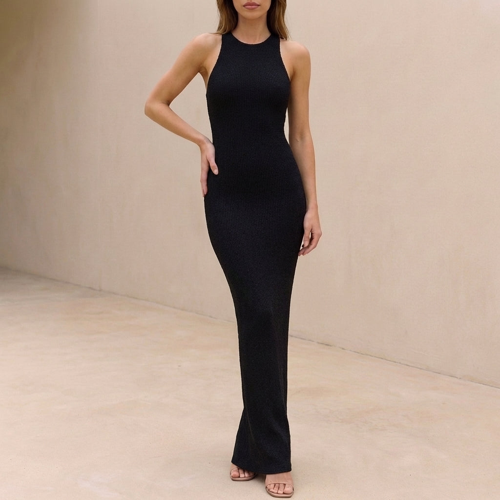 Ribbed Bodycon High Neck Sleeveless Maxi Dress for Women – Elegant Evening Wear